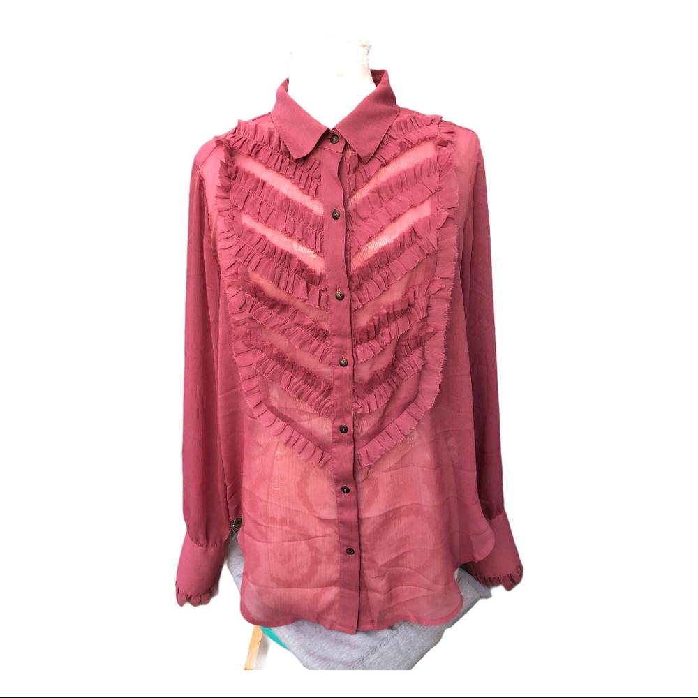 Free People ~ Sheer Button down Ruffle Top - Picture 3 of 9